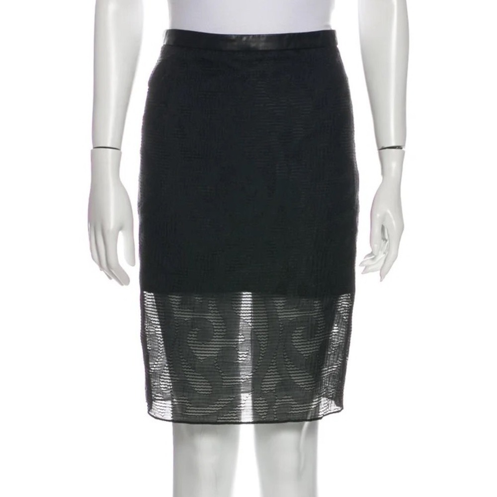 Tibi high‎ waisted jacquard pencil skirt with leather waist in black